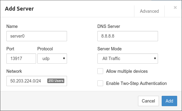 Pritunl server setup screen